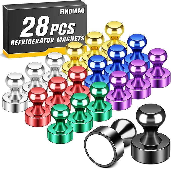 FINDMAG Refrigerator Magnets, Colorful Fridge Magnets for Office, 28 Pack | White Board Magnets for Kitchen, Locker and Fridge, Pictures and Photos Display, Accessories Decorative, Strong Magnetic Hold by FINDMAG