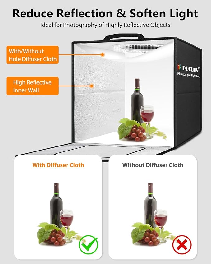 Light Box Photography 20" x 20", Large Portable Photo Studio Light Tent kit, Professional Dimmable Photo Booth with 216 LED Lights & 6 Backdrops for Jewelry and Food Items Product Photography - Image 7