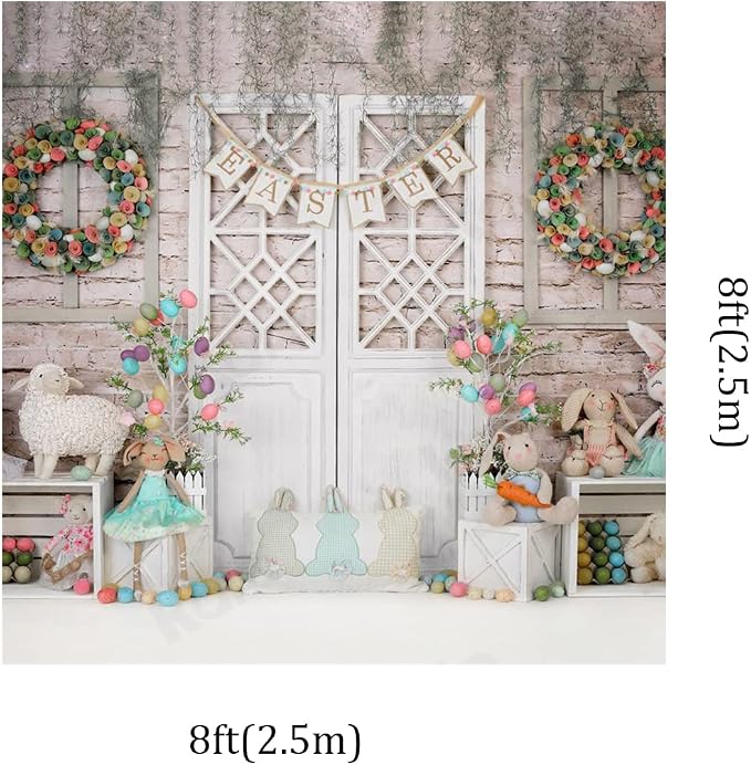 Kate 8x8ft Happy Easter Day Photography Backdrops Colorful Eggs | Cute Rabbit Toy Photographic Background Retro Wall White Door Baby Shower Newborn Shooting Backdrop - Image 2