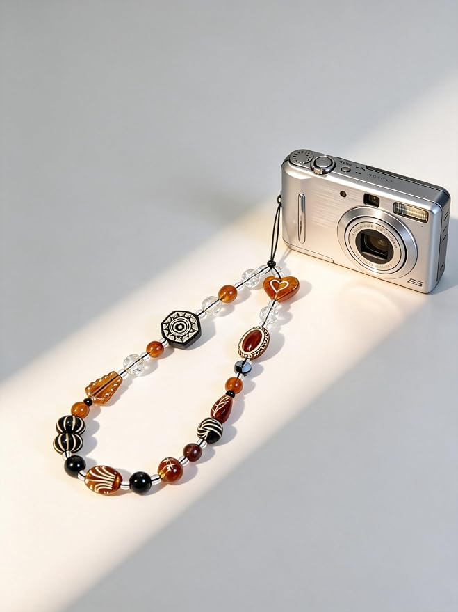 2 Pcs Phone Charm Strap Hand Wrist Strap Camera Lanyard Pearl Beaded Cute Chain String Accessories Universal for iPhone 17 Pro Max 16 15 14 for Samsung Women Girls Keychain Brown Bead and Kawaii Fruit - Image 4