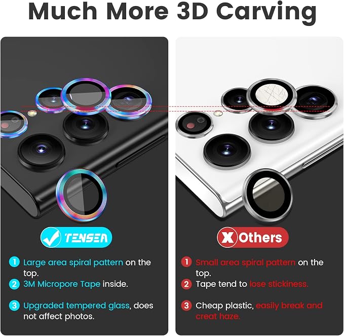 Tensea Compatible with Samsung Galaxy S22 Ultra Camera Lens Protector | 9H Tempered Glass Camera Cover Screen Protector Metal Individual Ring [Installation Tray][Case Friendly] - Image 3