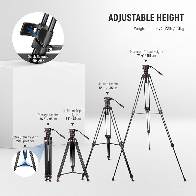 NEEWER 74" Video Tripod with Adjustable Damping Fluid Head, TP75 | Metal, Heavy Duty, Dual-Mode QR Plate, Compatible with DJI RS Gimbals, Flexible 360° Pan, +90°-75°Tilt, Max Load 22lb/10kg - Image 5