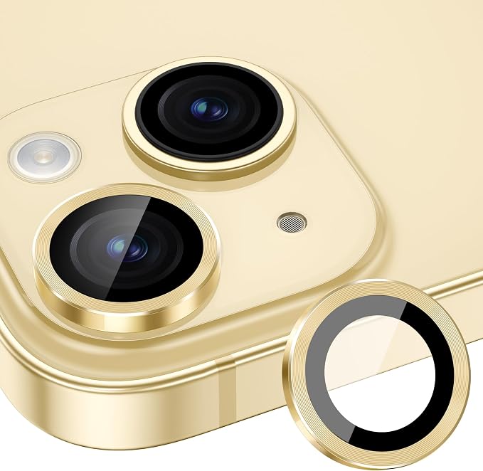 for iPhone 15/iPhone 15 Plus Camera Lens Protector Cover, Yellow | Individual Metal, 9H Hardness, Scratch Resistant, Shockproof, Drop Protection, Case Friendly, Stylish Accessories by Xfilm