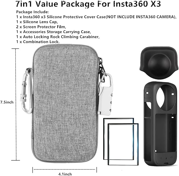 7in1 Compatible with Insta360 X3 Accessories Kit[Silicone Camera Case Cover and Lens Cap][2Pcs 3D Screen Protector Film][Carrying Case Bag with Auto Locking Carabiner and Anti-loss Lock] - Image 6