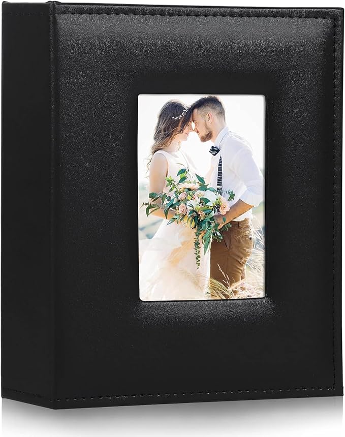 RECUTMS Photo Album 4x6 Pictures 200 Pockets Leather Wedding Albums Black | Black Page, Horizontal Pockets, Slide In Photo Album for Anniversary, Family, Small Graduation Photobook, DIY Cover Window by RECUTMS
