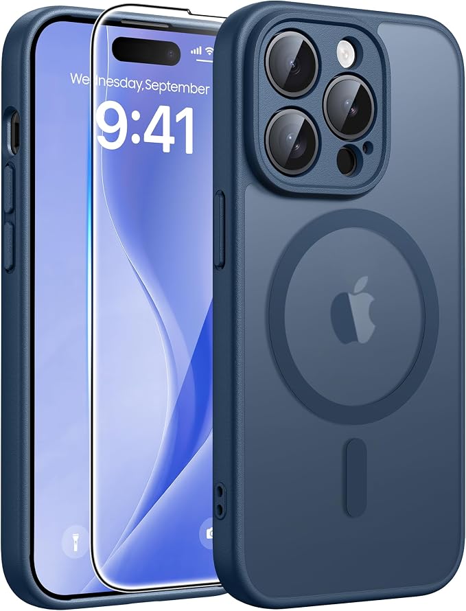 FNTCASE for iPhone 14 Pro Max Case, Fit for Magsafe, Glass Screen Protector | Full Camera Protection, Translucent Matte, 14FT Military Grade Drop Proof, Shockproof Protective Phone Cover, Blue by FNTCASE