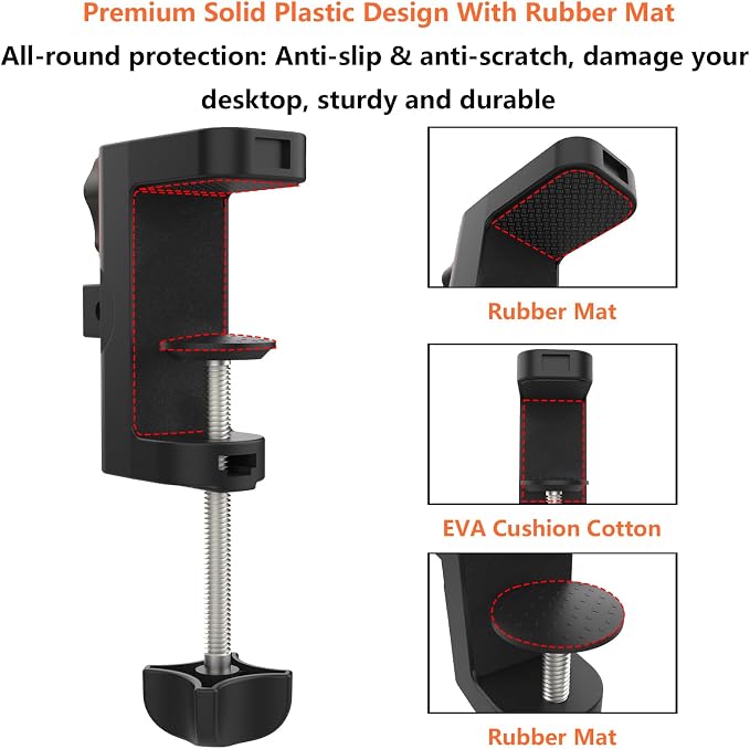 Table Clamp Mount for Microphone Stand, 2-in-1 Mic Boom Arm Clamp Table C Clip for Desktop Overhead Camera Tripod Mic Stand Lamp Base, Fits Up to 2.56 inch 6.5cm Desktop Thickness, 1 PCS - Image 4