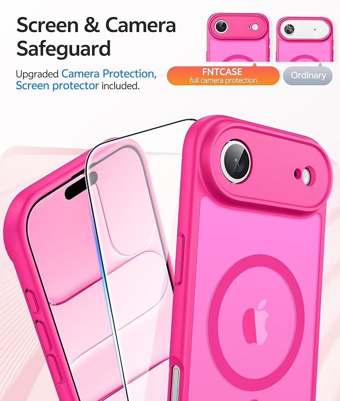 FNTCASE for iPhone Air Case, Fit for Magsafe, with Glass Screen Protector | Full Camera Protection, Translucent Matte, 14FT Military Grade Drop Proof, Shockproof Protective Phone Cover, Hot Pink - Image 4