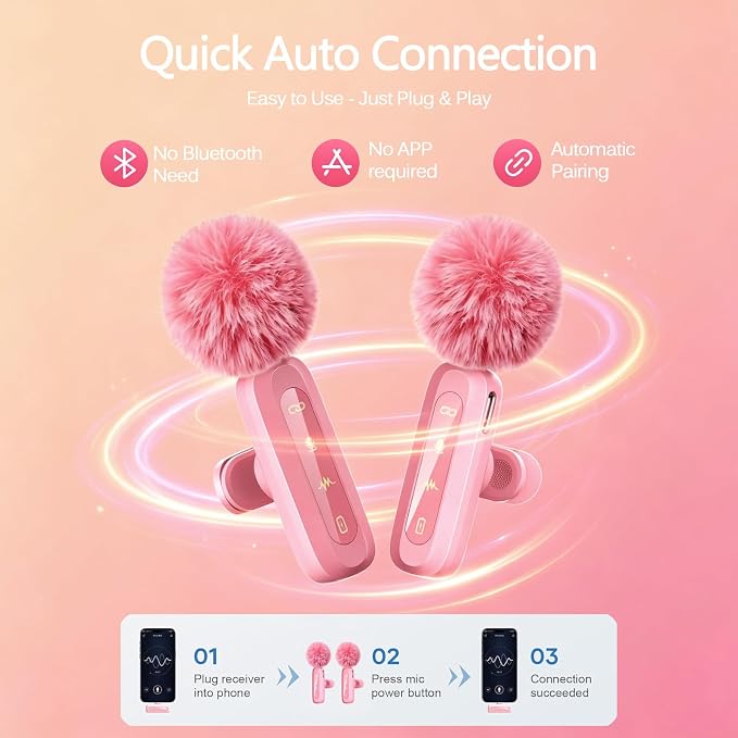 Pink Wireless Lavalier Microphone for iPhone/Android, 60ft Transmission, Record While Charging, Ultra-Long Battery Life, Noise Reduction, Plug & Play, for Vlog TikTok YouTube (Pink) - Image 5
