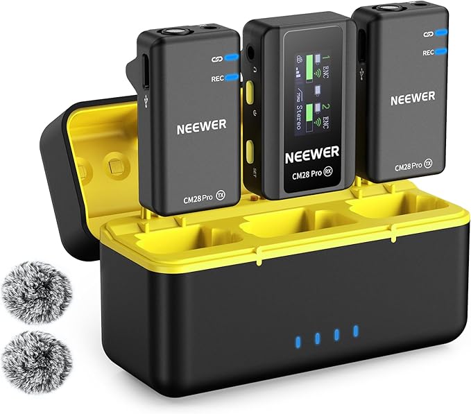 NEEWER CM28 PRO Wireless Lavalier Lapel Microphone System with Charging Case 48KHz 16 Bit Uncompressed Audio Noise Canceling 4GB Storage 9Hrs Recording Compatible with iPhone iPad Android Camera PC by Neewer