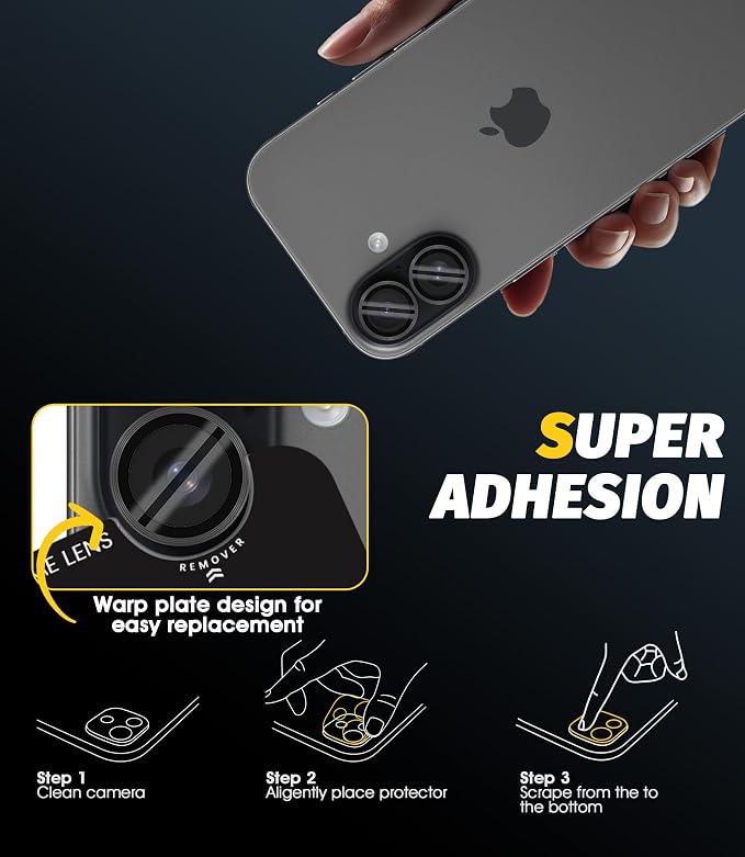 Orzero (3 Sets) Camera Lens Protector Compatible for iPhone 17 6.3”/16 6.1”/16 Plus 6.7“, Protector de Cámera One-Step Installation Tray Individual Metal Ring Glass Cover Case Friendly - Grey - Image 7