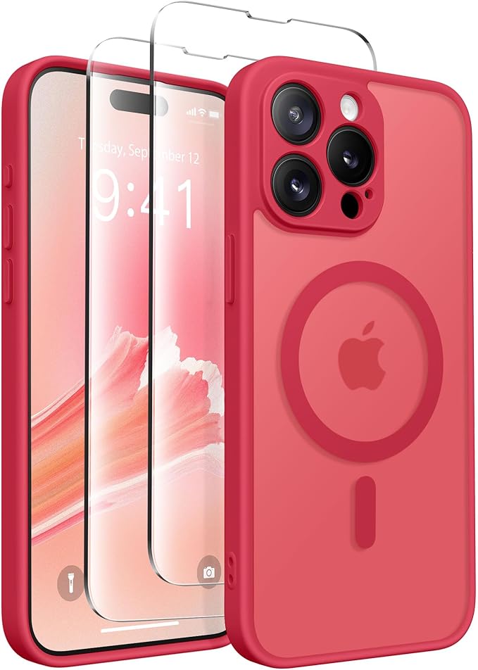 CAPRARO for iPhone 15 Pro Max Case, Compatible with MagSafe Red | Upgraded [Full Camera Protection] Shockproof Protective Slim Translucent Matte Magnetic Phone Case 6.7'', Red by CAPRARO