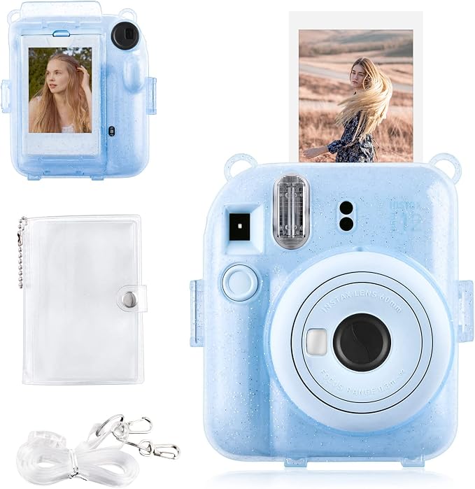 Rieibi Clear Case Compatible with Fuji Instax Mini 12 - Glitte Case Bag for Fujifilm Instax Mini 12 Instant Camera with Back Pocket, Strap and Photo Album - Glitter Blue by Rieibi