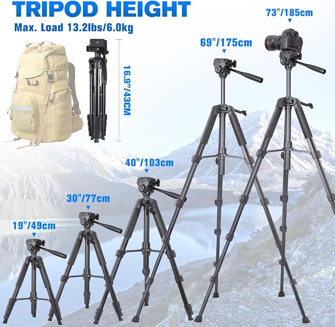 74" Camera Tripod Stand with 2 QR Plates for DSLR Sony Nikon Canon, Lightweight Video Mount for Travelling, Adjustable Phone Holder with Fluid Head and Wireless Remote (Max Load 6kg) - Image 2