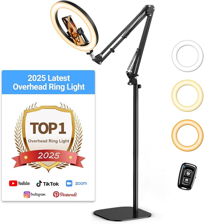Latest Ring Light with Stand Tripod for iPhone, Overhead Phone Camera Mount with Light and Phone Holder Stand for Recording, 10” Selfie Light for Video,Streaming,Photography, Tiktok, YouTube by Evershop