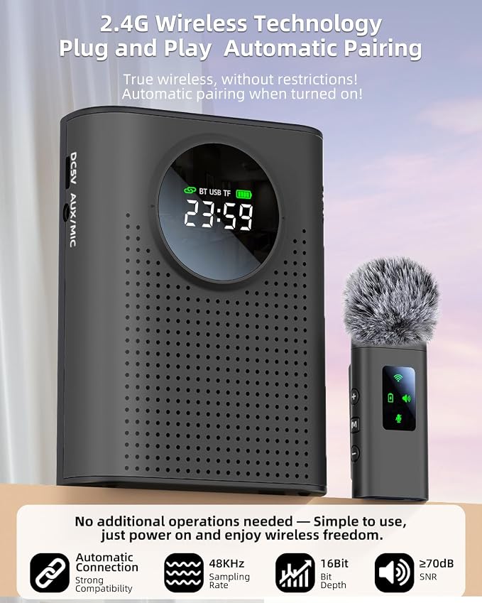 S67 Rechargeable Voice Amplifier Wireless Microphone Dual for Teachers Classroom, Mini Lavalier Lapel Mic Clip Magnetic, Bluetooth Speaker with LED Display for Class, Tour Guide, Coaches, Black - Image 4
