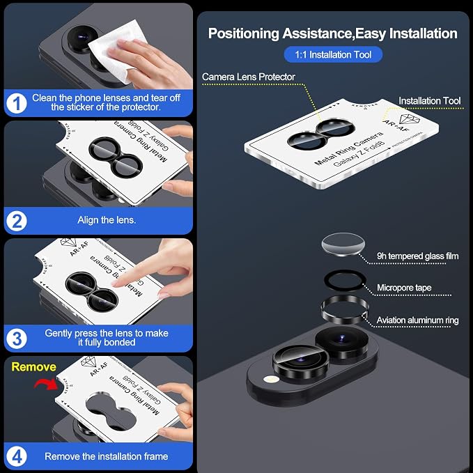 for Samsung Galaxy Z Fold 8 Camera Lens Protector, Individual Metal Ring Tempered Glass Lens Cover, [Strong Adsorption] Scratch Resistant Ultra-Thin HD Clear Lens Cover, 1 Set-Black Ring - Image 7