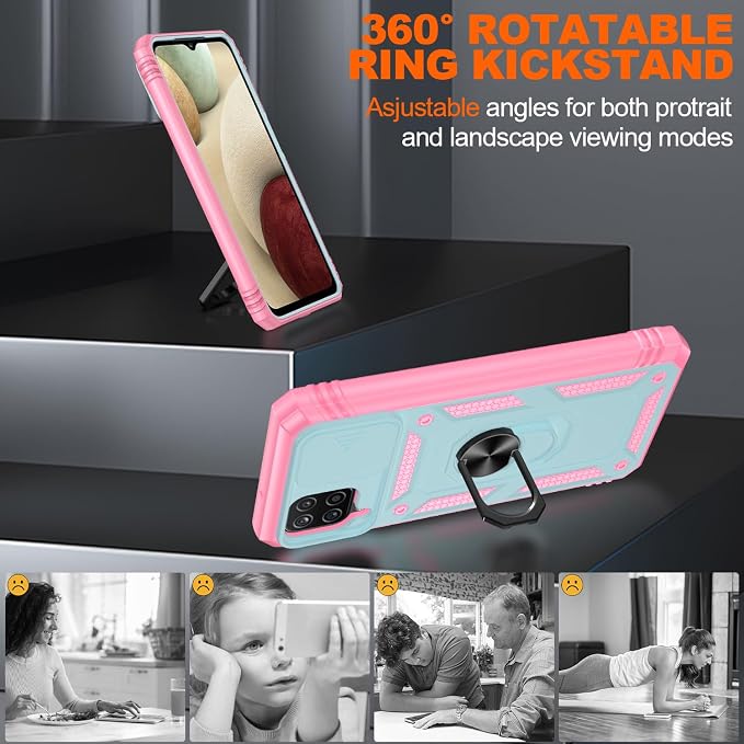 Gritup for Galaxy A12 Phone Case Military-Grade Shockproof with Kickstand | with 2 PCS Screen Protector, Slide Camera Cover, Heavy Duty Outdoor Protection Funda para Galaxy A 12 Cover-Green+Pink - Image 7