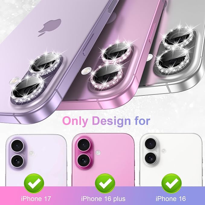 YWXTW [All-Over Glitter Camera Lens Protector for iPhone 17/iPhone 16/iPhone 16 Plus, 9H Tempered Glass Camera Lens Cover, Anti-Scratch Case Friendly(Pink) - Image 6