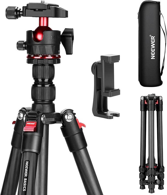 NEEWER Basics Carbon Fiber Travel Tripod, 64" Compact Lightweight Portable Camera Video Stand, Arca Type Ball Head & Cell Phone Holder Compatible with iPhone Video Recording, Max Load 13.2 lbs, TP17 by Neewer