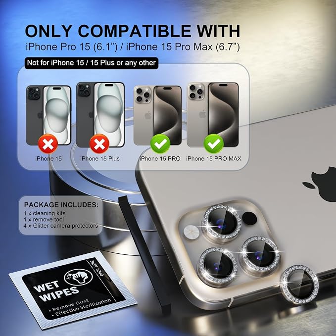 Choiche for iPhone 15 Pro/iPhone 15 Pro Max Camera Lens Protector | Ultra HD, Bling 9H Tempered Glass Camera Cover Screen Protector Metal Ring Decoration Accessories (Diamond-Titanium Natural) - Image 2