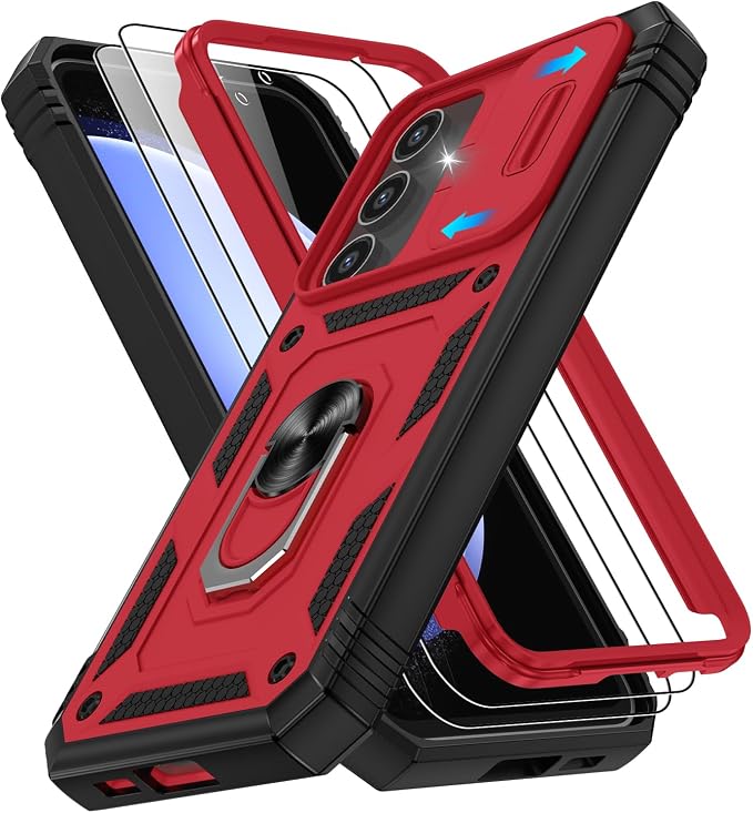 Gritup for Samsung Galaxy S23 FE Case with 2PCS Screen Protector, Build in 360° Rotating Ring Kickstand, Military Grade Protective Case for S23 FE Phone, Red by Gritup