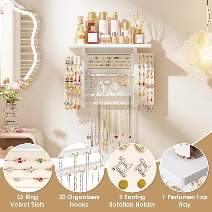 Emfogo Jewelry Organizer Hanging Wall Mounted Jewelry Holder, 5-in-1 Large Capacity Necklace Organizer Wall Hanging Jewelry Display for Ring, Necklaces, Bracelets, Earrings (White) - Image 3
