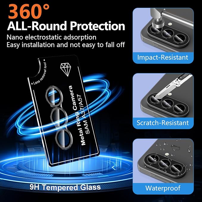 for Samsung Galaxy A37/A57 Camera Lens Protector, Individual Metal Ring Tempered Glass Lens Cover, [Strong Adsorption] Scratch Resistant Ultra-Thin HD Clear Lens Cover, 1 Set-Black - Image 2