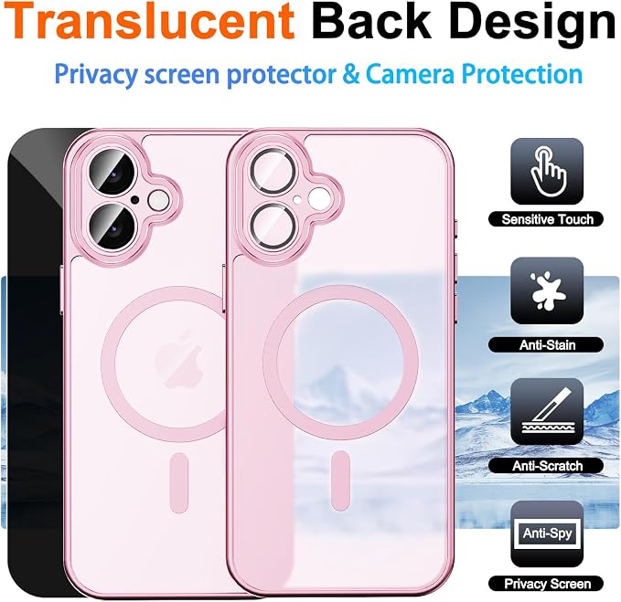 Magnetic for iPhone 17 Case with Privacy Screen Protector, Pink | Full Camera Protection, Compatible with MagSafe, Translucent Matte Shockproof Phone Cover for iPhone 17 Women Girls - Image 2