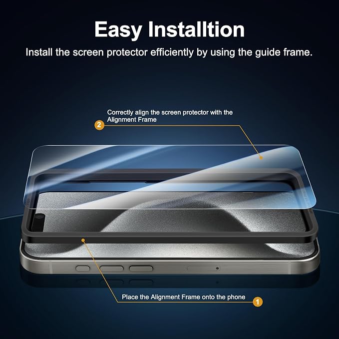 NEW'C 3x for iPhone 15 Pro Screen Protector (6.1 inches)+ 3x Camera Lens Protector, Sensor Protection, Case Friendly Tempered Glass Film + Dust Plug- Easy installation tool include - Image 3
