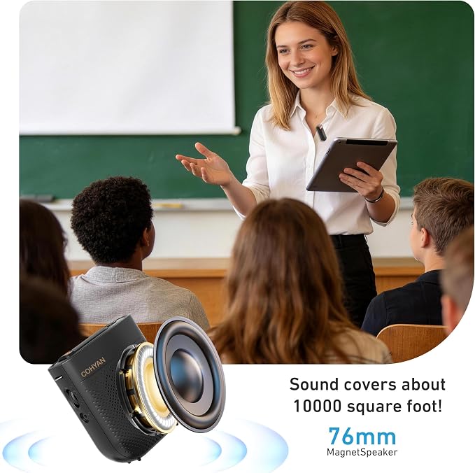 Voice Amplifier for Teachers with Wireless Lavalier Lapel Microphone, Portable Bluetooth Microphone & Speaker, Magnetic Charging Bullhorn Megaphone for Classroom, Meetings, Yoga (Black) - Image 5