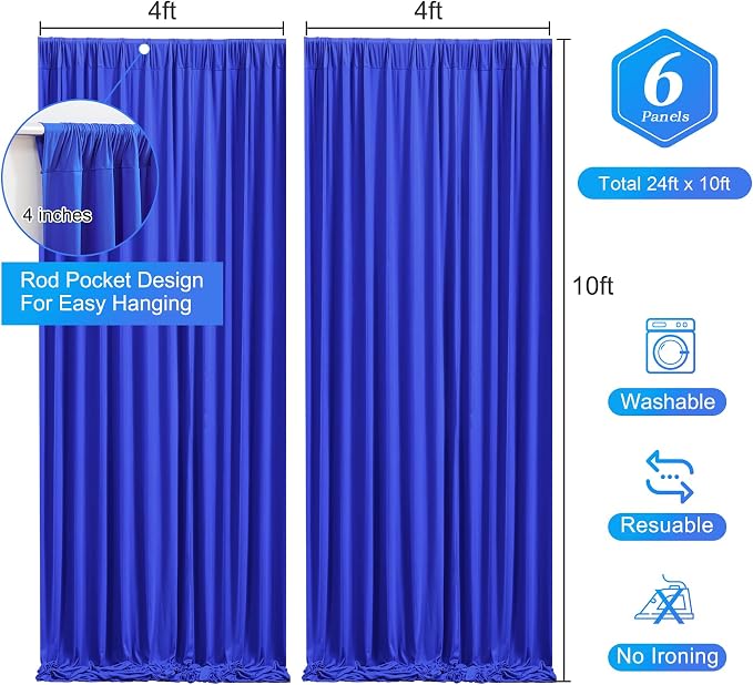 Royal Blue Backdrop Curtain 6 Panels-Wrinkle-Free Royal Blue Curtains Polyester Photography Drapes for Baby Shower Birthday Party Photo Background Backdrop Stand- 24 X10FT - Image 3