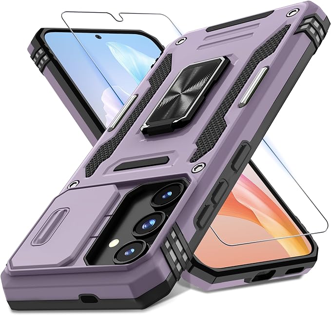 DEERLAMN Case for Samsung Galaxy S24 6.2-Inch with Slide Camera Cover+Screen Protector(1 Pack), Rotated Ring Kickstand Military Grade Shockproof Protective Cover-Deep Purple by DEERLAMN