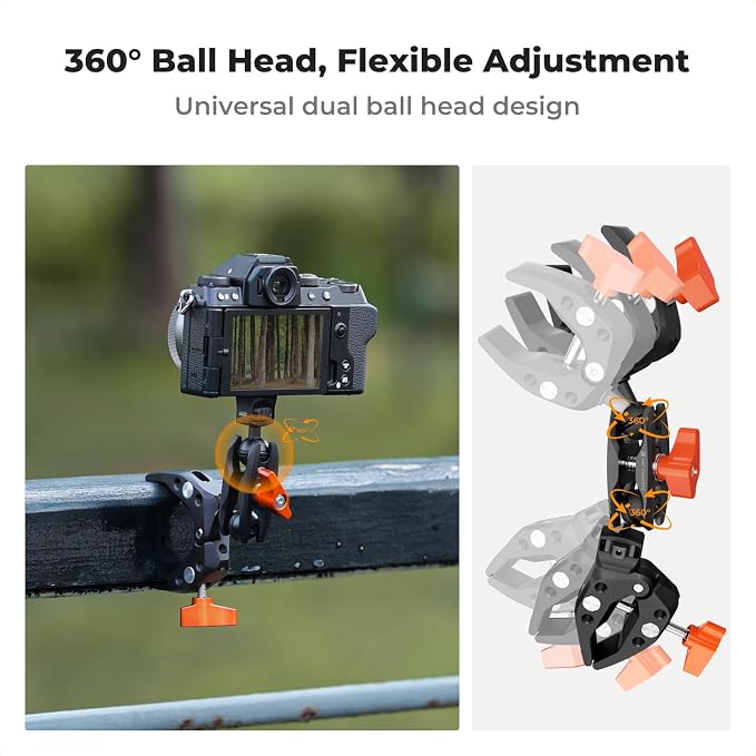K&F CONCEPT Double Super Clamp Camera Mount with 1/4" Threads Metal Clamp | for Chair, Pole, Tripod, Desk, Flag, Umbrella, Motorcycle Mount, MS25 - Image 6