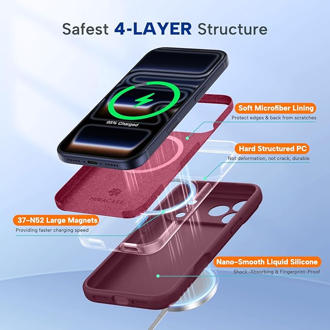 Miracase Magnetic for iPhone 17 Pro Case, Silicone, Wine Red | Compatible with MagSafe, Soft Microfiber Lining,Shockproof Drop Protection Phone Case for 17 Pro - Image 4