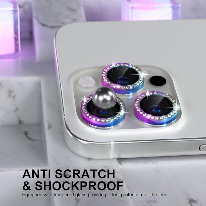 Choiche for iPhone 16 Pro/iPhone 16 Pro Max Camera Lens Protector | Ultra HD, Bling 9H Tempered Glass Camera Cover Screen Protector Metal Ring Decoration Accessories (Diamond-Colorful) - Image 3
