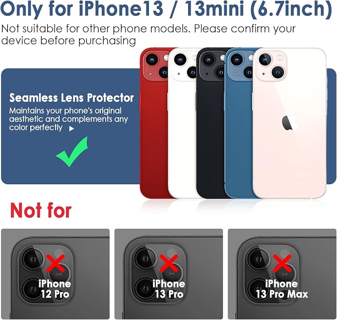 FanTEK Camera Lens Protector Compatible with iPhone 13/13 Mini, 9H Tempered Glass Camera Screen Cover, Ultra HD Clear Acrylic Full Coverage Guard, Case Friendly - Image 2