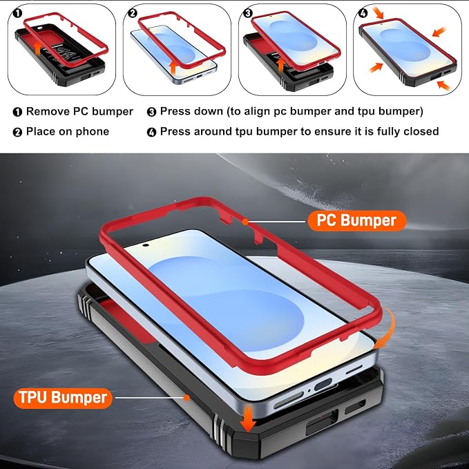 Gritup Fit for Samsung Galaxy S25 Case with Slide Camera Cover | 2 Pcs Screen Protector, Build in 360° Rotating Ring Kickstand, Military Grade Protective Phone Case, Red+Black - Image 4