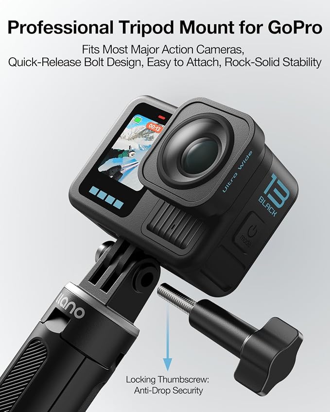 Llano 16" Action Camera Tripod for Gopro Hero 13/12/11/10/9/8, Max 2/1, Extendable Mini Tripod, Standard Mount for Gopro, Portable Handle Grip, Small Selfie Stick, Lightweight, Black - Image 4