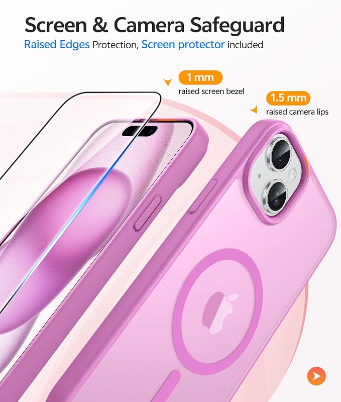 FNTCASE for iPhone 15/14/13 Case, Fit for Magsafe, Glass Screen Protector | Translucent Matte, Magnetic Phone Cases, 14FT Military Grade Drop Protection, Slim Shockproof Protective Cover, Pink - Image 4