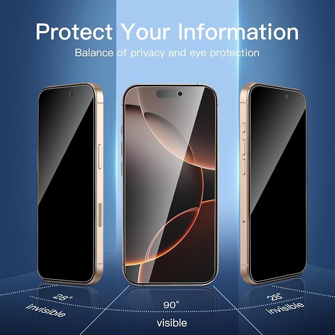 NEW'C 3x Privacy Screen Protector for iPhone 16 Pro (6.3 inches)+ 3x Camera Lens Protector, Sensor Protection, Case Friendly Tempered Glass Film, Ultra Resistant, Easy installation tool included - Image 4