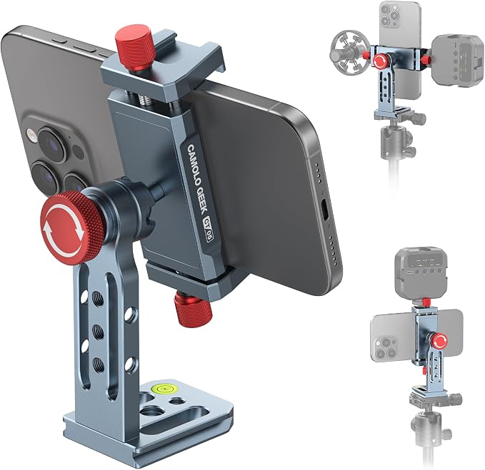 Phone Tripod Mount Aluminum Alloy, 360° Rotatable Phone Stand Holder Clamp with Cold Shoe and Arca Base Compatible with iPhone 15 Pro Max Galaxy S24 Ultra Pixel & 2.5"-4" Wide Smartphones by CAMOLOGEEK