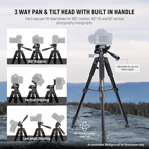 NEEWER BASICS Camera Tripod, 71'' Tripod with Cell Phone Holder Mount Compatible with iPhone for Video Recording, Professional Aluminum Lightweight Portable Travel Stand with 3 Way Pan Tilt Head, TP55 - Image 3