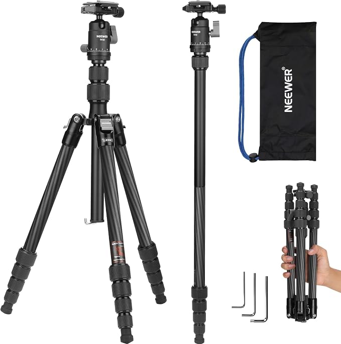 NEEWER Carbon Fiber Camera Tripod Monopod, 65" Lightweight Compact Portable Travel DSLR Video Stand, 360° Ball Head, Anti Slip QR Plate, Inverted Central Axis, Reversible Legs, Max Load 13.2 lbs, TP39 by Neewer
