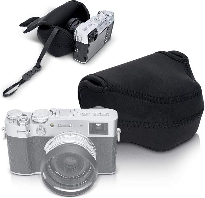 Soft Neoprene XE5 X100VI Camera Case Bag for Fujifilm X-E5 Lumix L10 Pouch | XE5 X100 VI V X100S X100T X100F Protective Storage,with Inner Lanyard & Touch-Fastening Flap,for X-E5+Original Lens Hood on by JJC