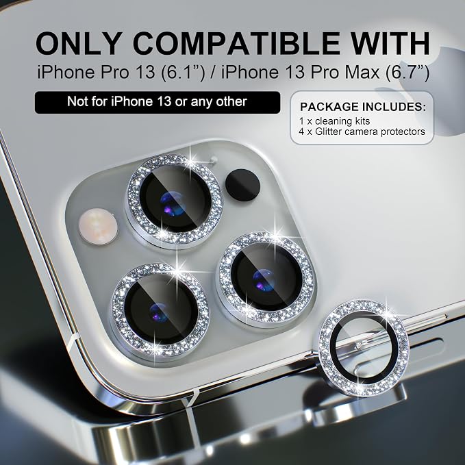 Choiche for iPhone 13 Pro/iPhone 13 Pro Max Camera Lens Protector | Ultra HD, Bling 9H Tempered Glass Camera Cover Screen Protector Metal Ring Decoration Accessories (Glitter-Silver) - Image 2
