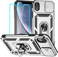 HNHYGETE for iPhone XR Phone Case with HD Screen Protector: [Military Grade 20ft. Drop Tested] Slide Camera Cover Ring Shockproof Protective Phone Case for - iPhone XR (Silver) by HNHYGETE
