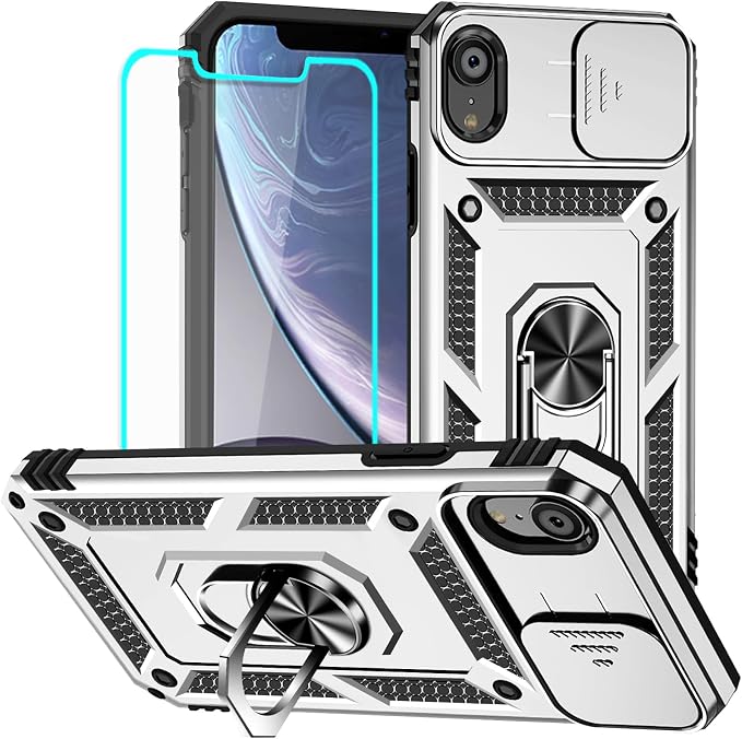 HNHYGETE for iPhone XR Phone Case with HD Screen Protector: [Military Grade 20ft. Drop Tested] Slide Camera Cover Ring Shockproof Protective Phone Case for - iPhone XR (Silver) by HNHYGETE