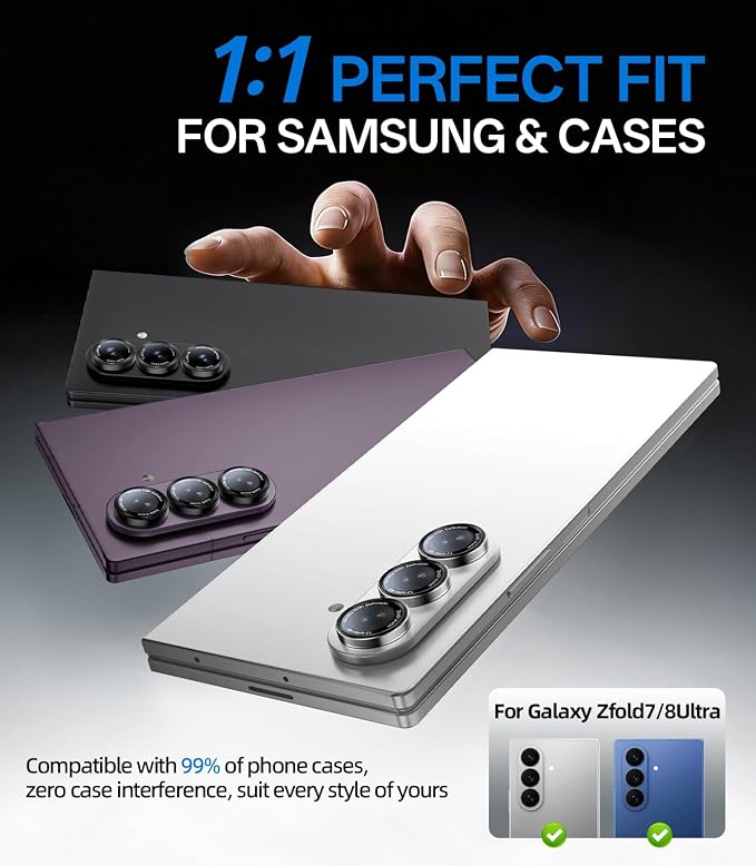 HelloDeere for Galaxy Z Fold 7/Z Fold 8 Ultra Camera Lens Protector Military-Grade 9H+ Tempered Glass AR Optical Tech HD Anti-Glare Anti-Scratch Metal Individual Ring Easy Install Case Friendly Silver - Image 6