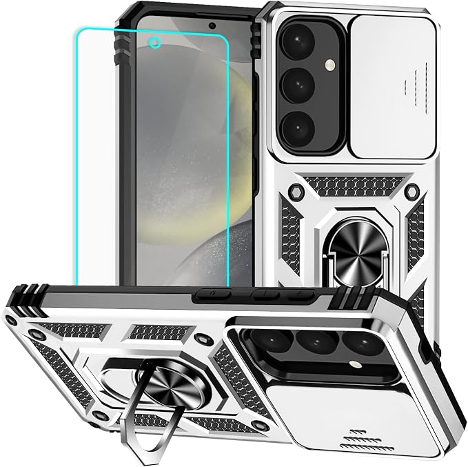 HNHYGETE for Samsung S25 Case with Screen Protector: [Military Grade 20ft. Drop Tested] Slide Camera Cover Ring Shockproof Protective Phone Case for - Samsung Galaxy S25 (Silver) by HNHYGETE